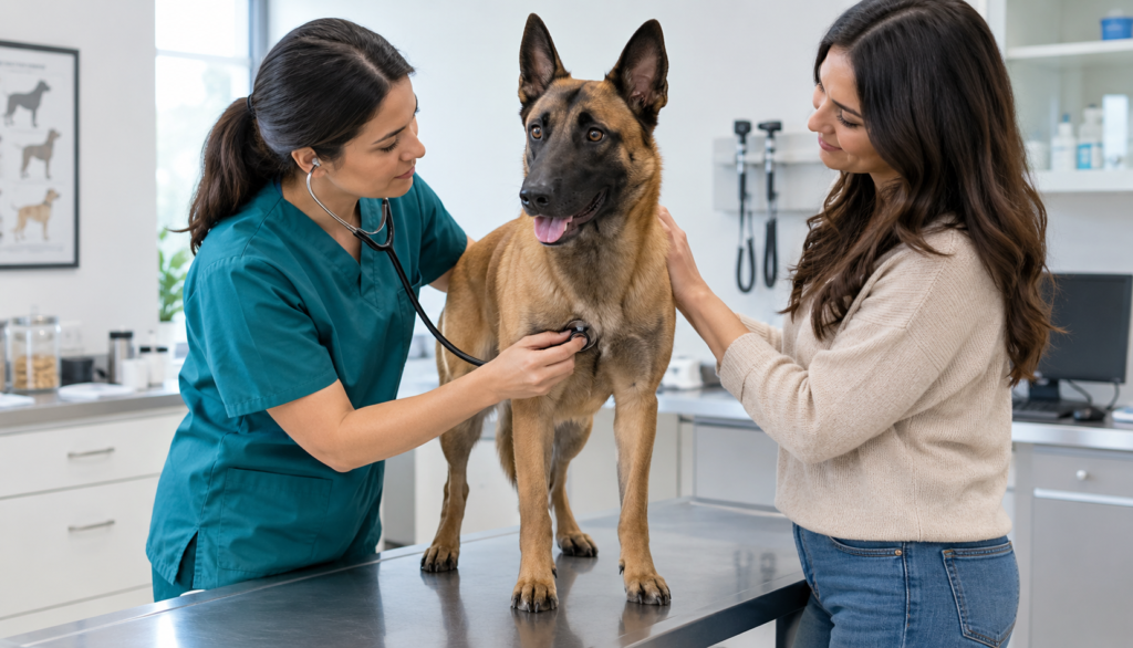 Veterinarian examining a Belgian Malinois with a stethoscope while the owner stays beside it