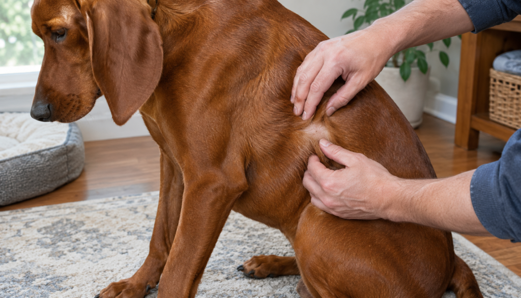 Owner examining the coat and skin of a Redbone Coonhound for irritation