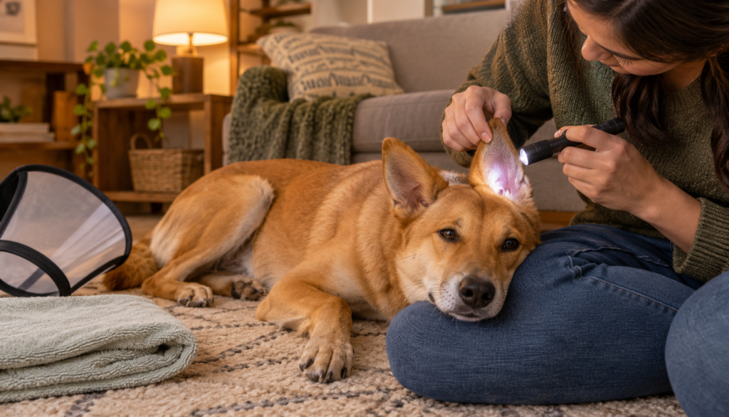 Owner gently checking a relaxed Carolina Dog’s ear at home with a flashlight