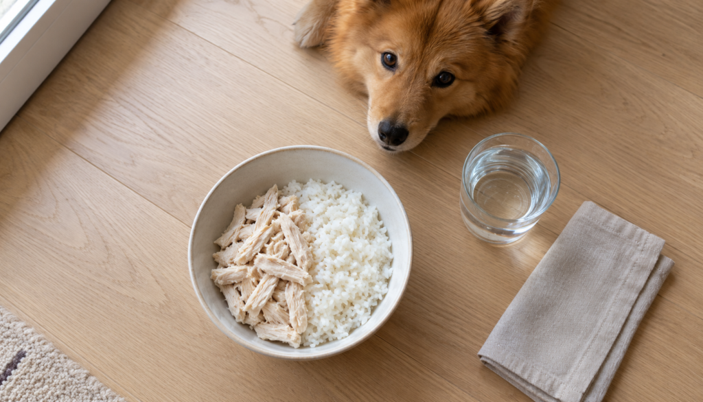 Bowl of plain boiled chicken and rice with a Finnish Spitz peeking in from the edge of the frame