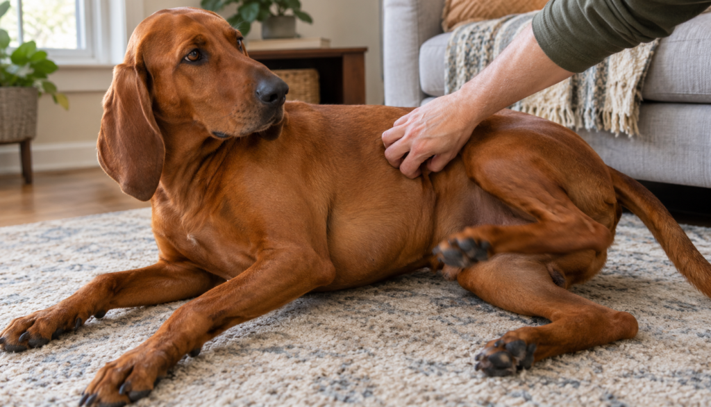 Redbone Coonhound kicking its hind leg while being scratched by its owner