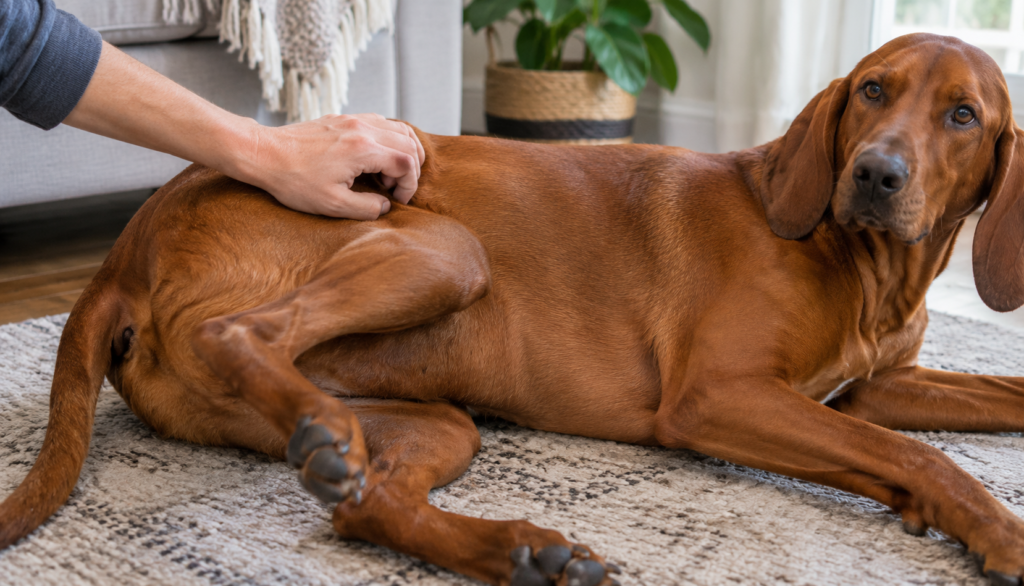 Close-up of a Redbone Coonhound showing the scratch reflex