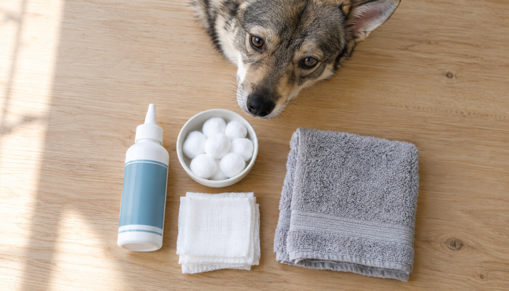 Dog ear cleaning supplies flat lay with a Swedish Vallhund peeking into the frame