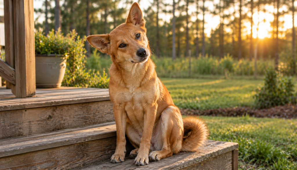 Carolina Dog sitting on porch steps with its head tilted and one ear raised