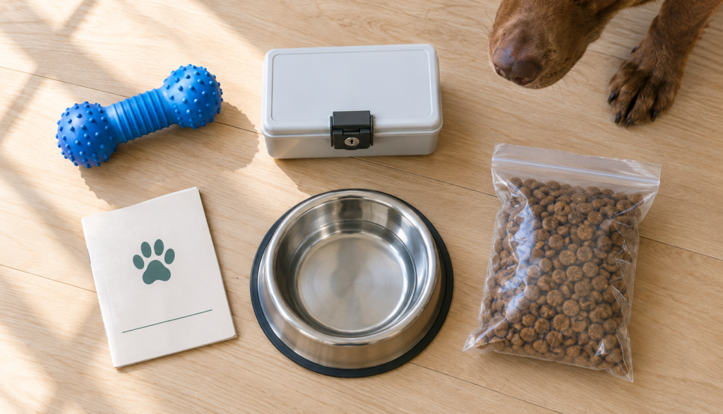 Flat lay of safe chew toy, locked medication box, and vaccine record with a brown retriever's nose entering the frame