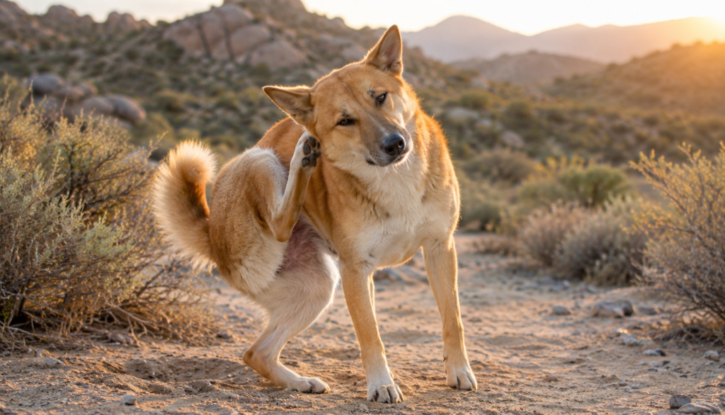 Canaan Dog scratching its ear with a hind paw on a desert trail