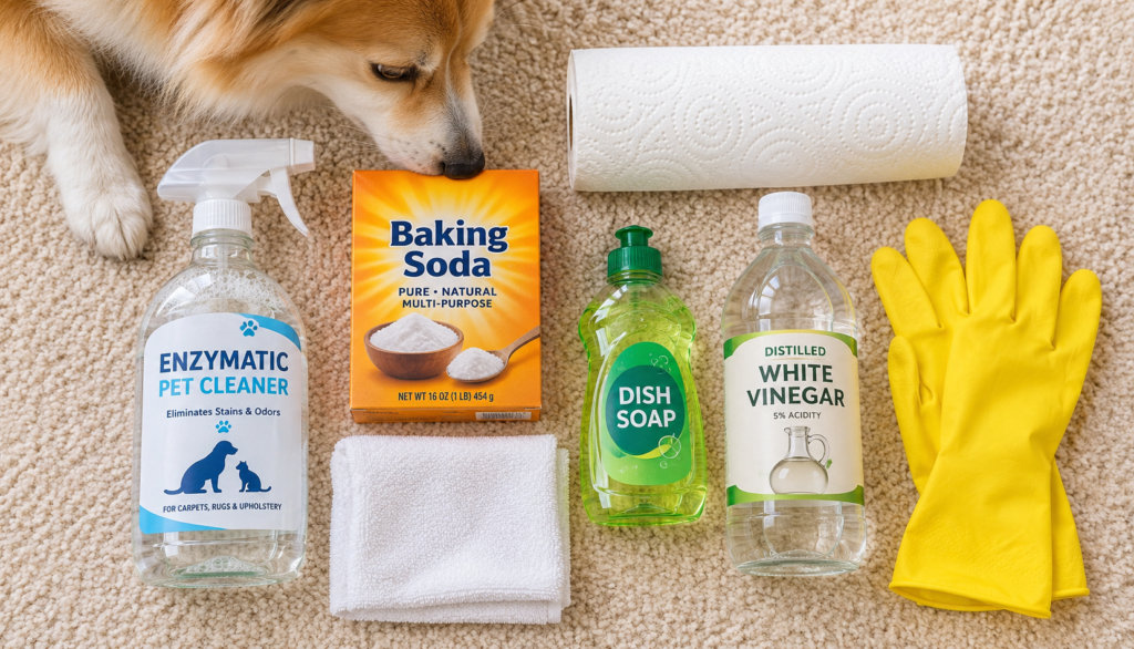 Dog Sniffs Carpet Cleaning Supplies Carpet cleaning supplies flat lay with an Icelandic Sheepdog paw sniffing baking soda