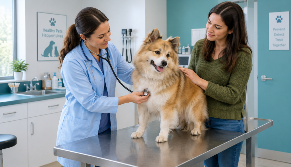 Friendly Veterinary Checkup Veterinarian examining an Icelandic Sheepdog on an exam table with its owner nearby