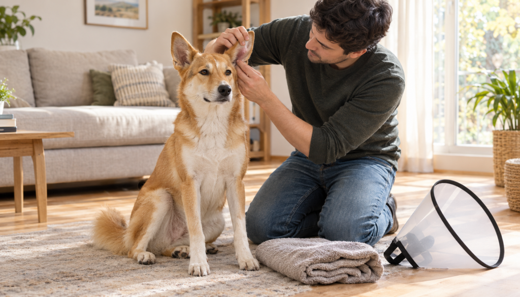 Owner checking a calm Canaan Dog’s ear at home with a towel and soft cone nearby