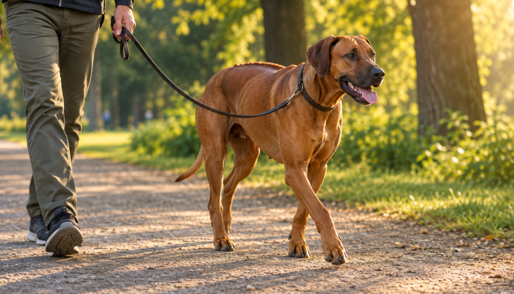 Rhodesian Ridgeback walking calmly on a leash along a sunny park path after a meal