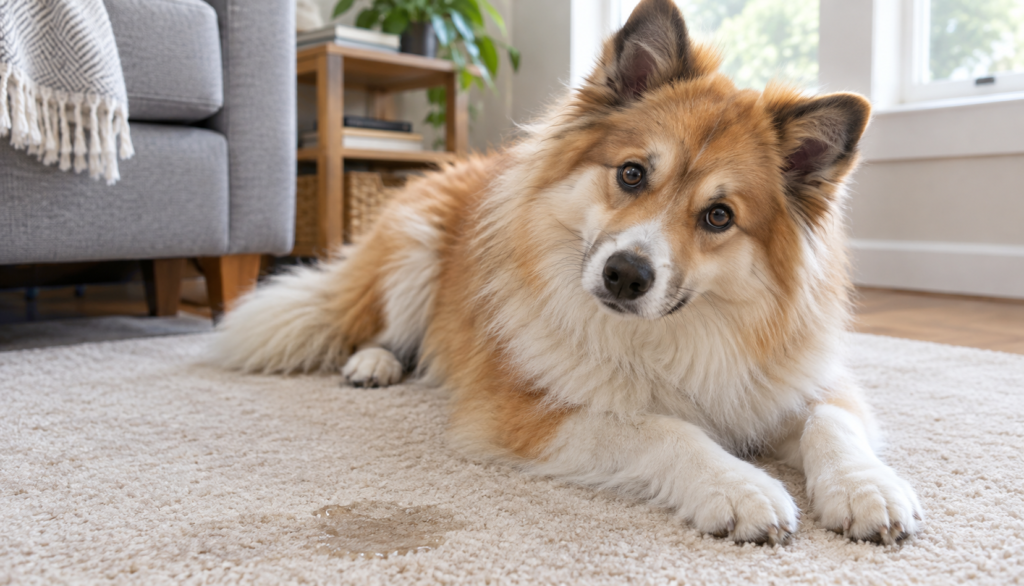 Icelandic Sheepdog lying on a cream living room carpet with a sheepish expression