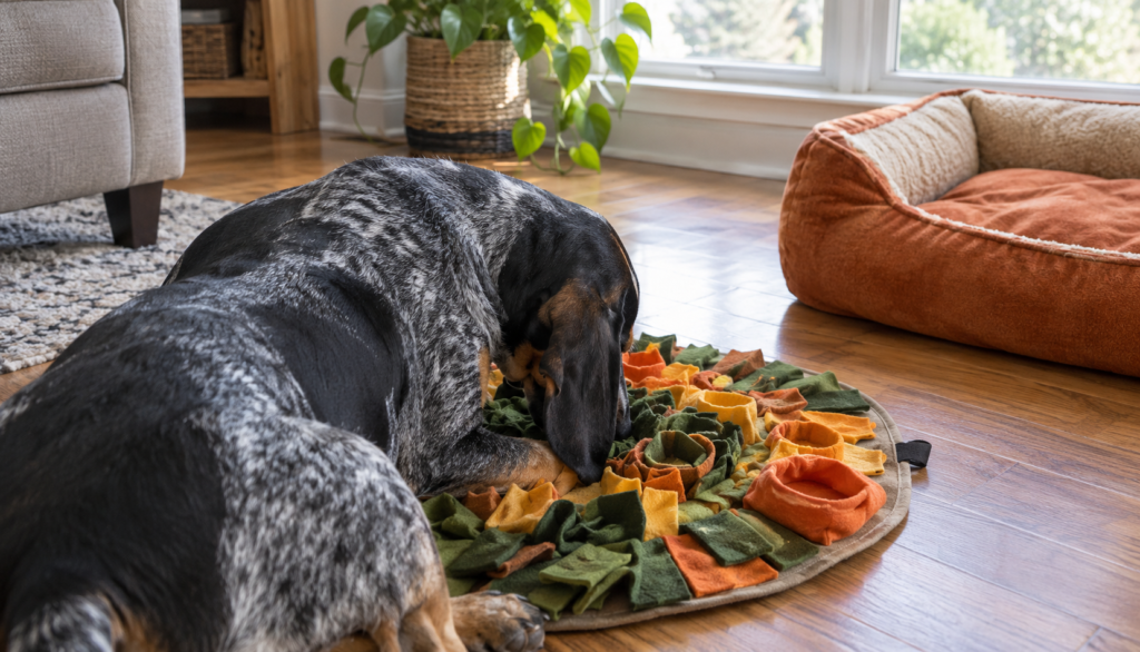 Bluetick Coonhound sniffing a snuffle mat next to a dog bed in a bright living room
