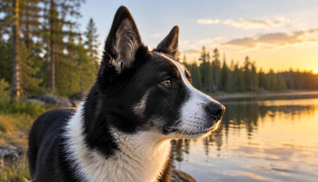 Karelian Bear Dog with a healthy upright ear at a lakeshore at sunset