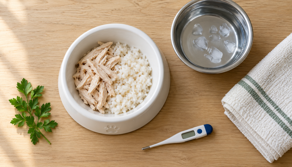 Bowl of plain boiled chicken and rice with water and a pet thermometer for a dog with an upset stomach
