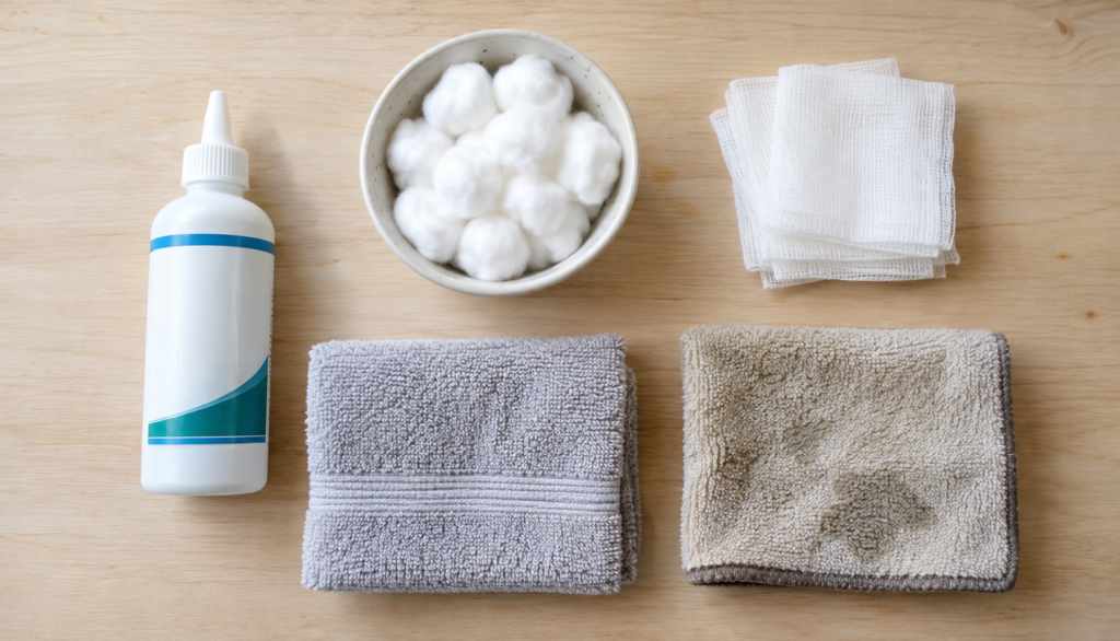 Flat lay of dog ear cleaner, cotton balls, gauze and towel for safe ear care