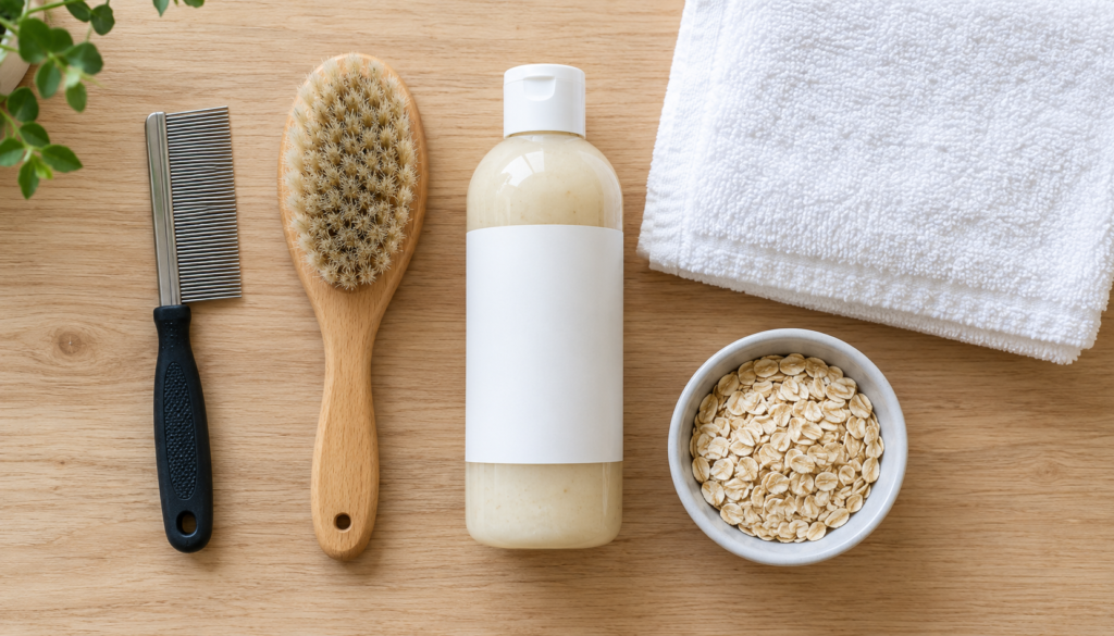 Flea comb, brush, oatmeal shampoo and towel arranged for a gentle dog bath