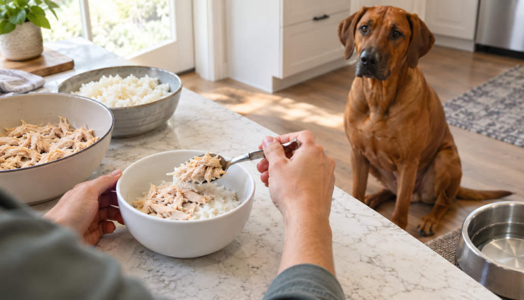 Owner preparing a bland chicken and rice meal while a Rhodesian Ridgeback waits calmly nearby