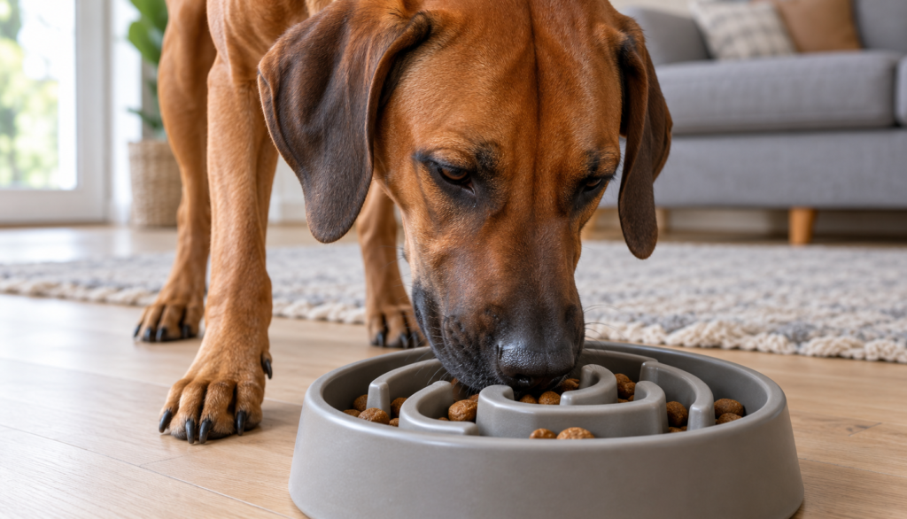 Rhodesian Ridgeback eating slowly from a maze-style slow feeder bowl in a living room