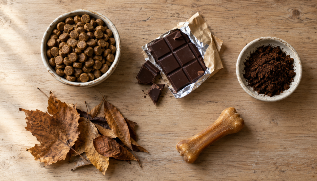Flat lay of brown kibble, chocolate, coffee grounds and leaves that can turn dog vomit brown