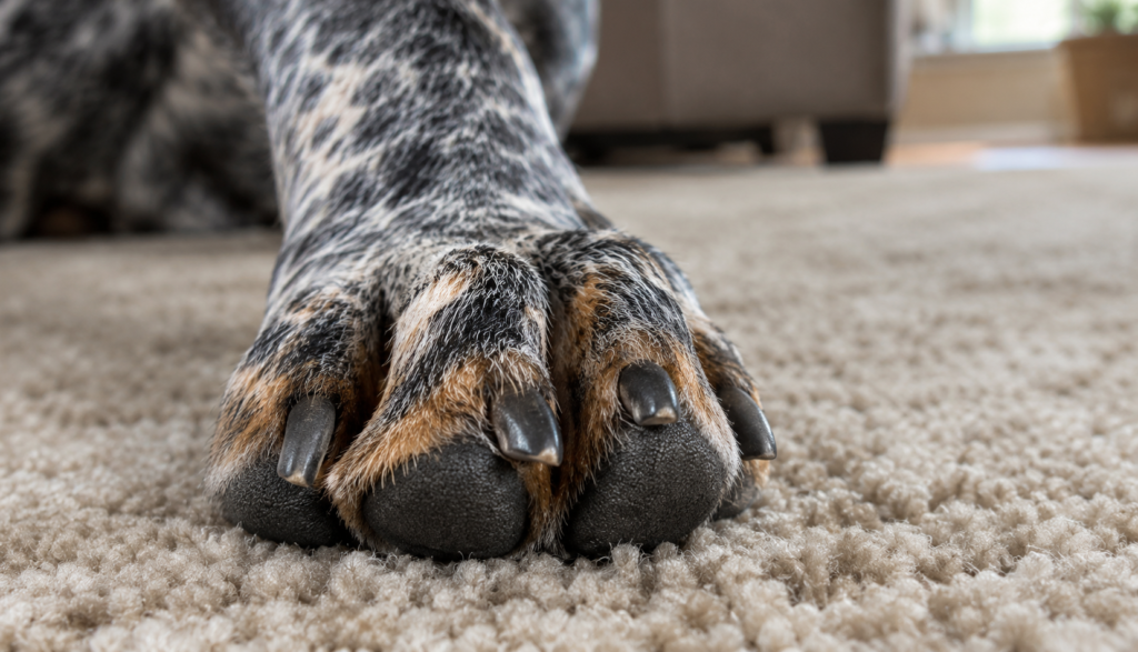 close-up of a healthy Bluetick Coonhound paw and nails on beige carpet