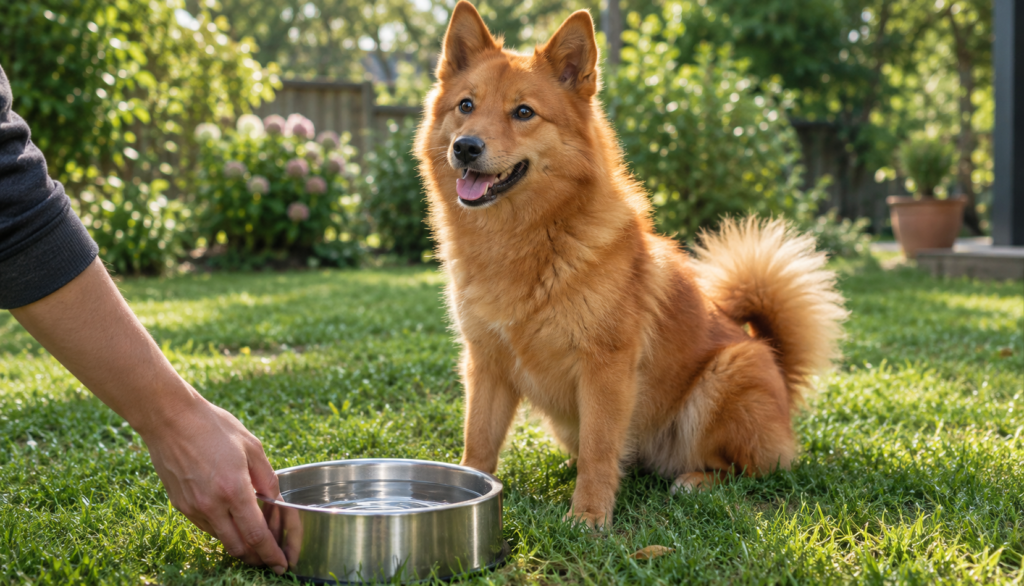 Healthy Finnish Spitz sitting on a backyard lawn as an owner places a fresh bowl of water nearby