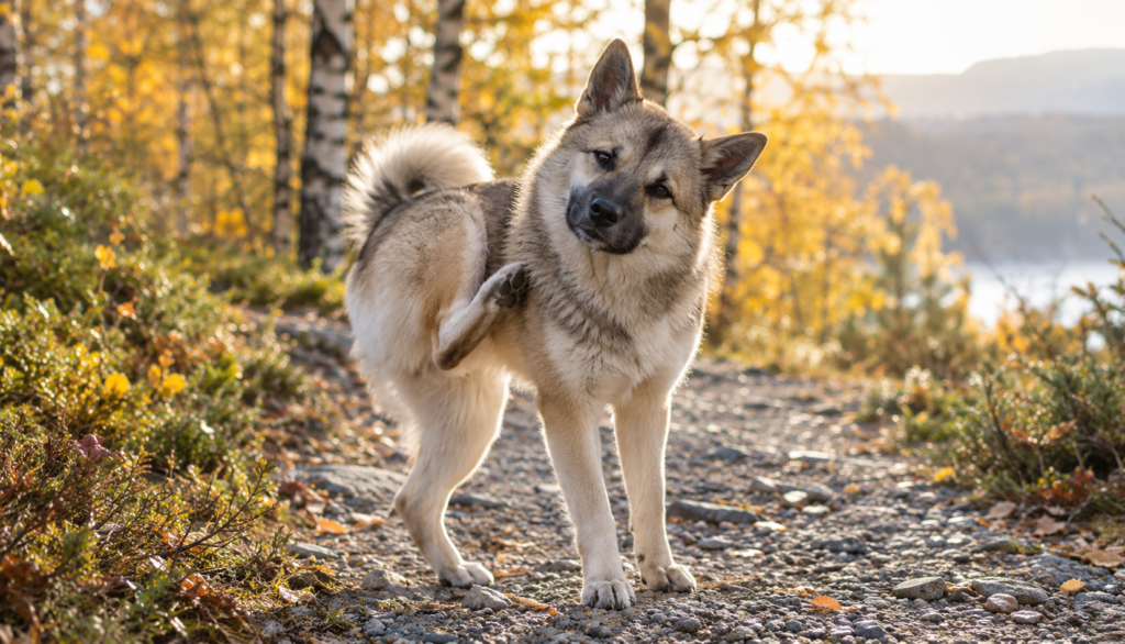 Norwegian Buhund scratching its ear with a hind paw on an autumn trail