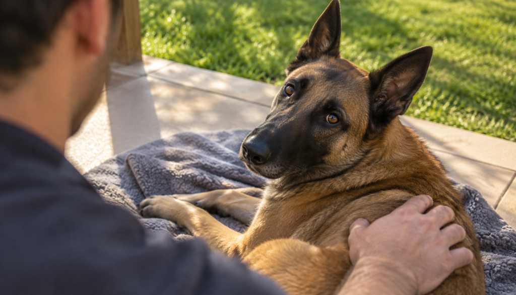 Belgian Malinois resting on a blanket on a patio while its owner gently comforts it