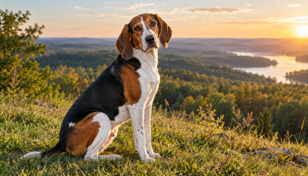 Treeing Walker Coonhound sitting calmly on a sunny grassy hillside