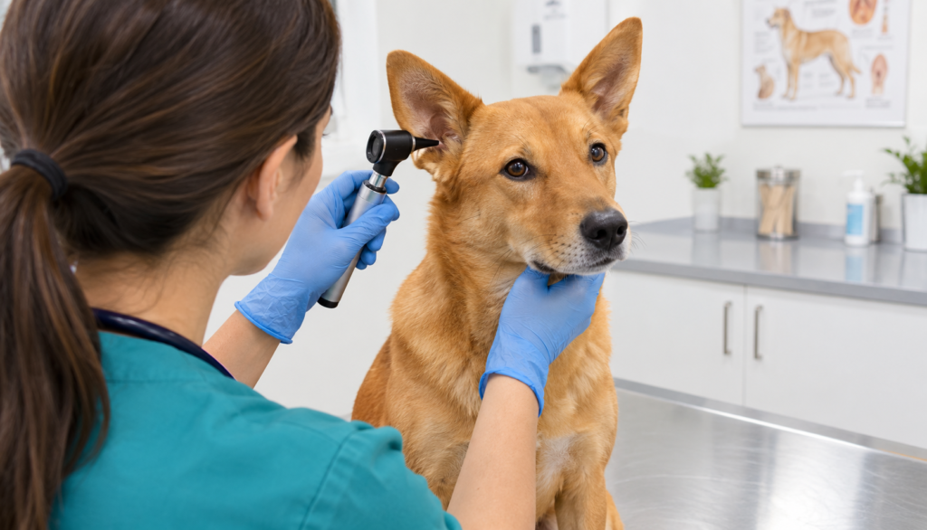 Vet using an otoscope to check a calm Carolina Dog’s ear during an exam