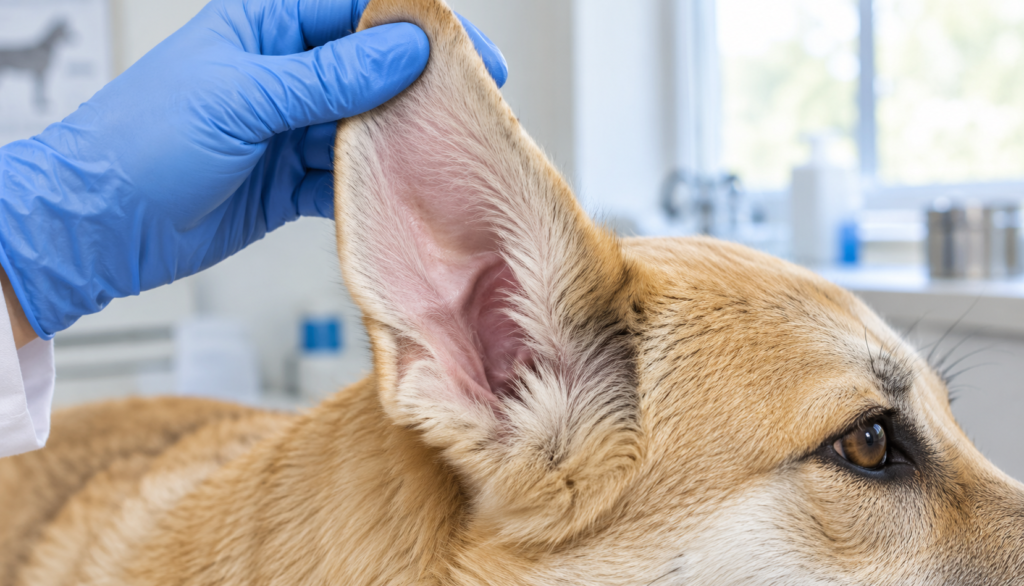 Vet gently lifting the healthy ear flap of a Canaan Dog during an ear check

