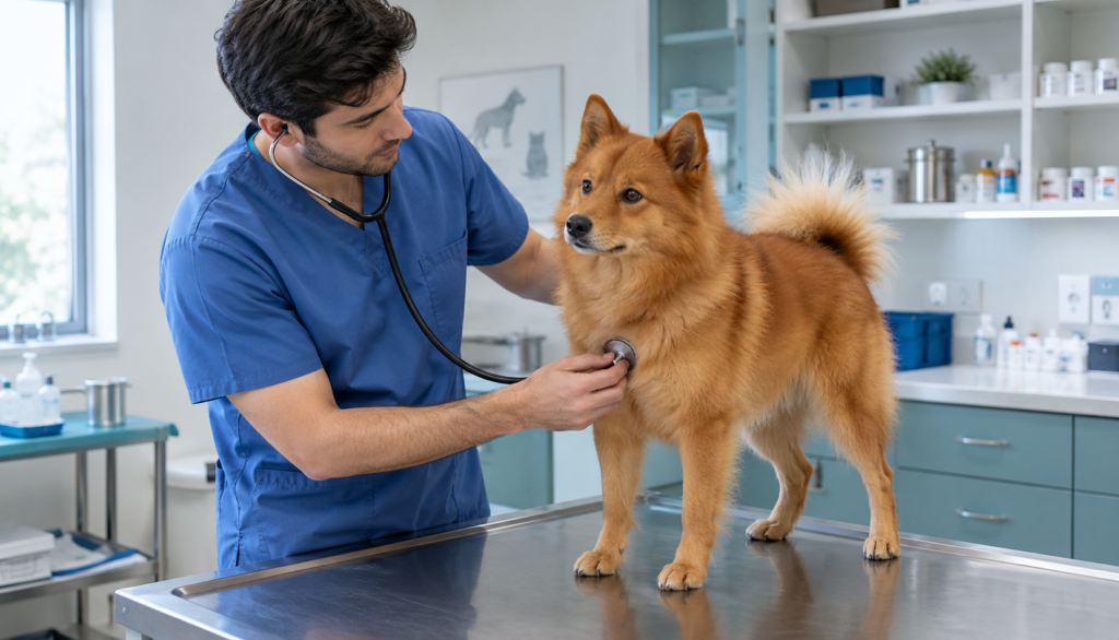 Veterinarian gently examining a calm Finnish Spitz on an exam table in a clinic