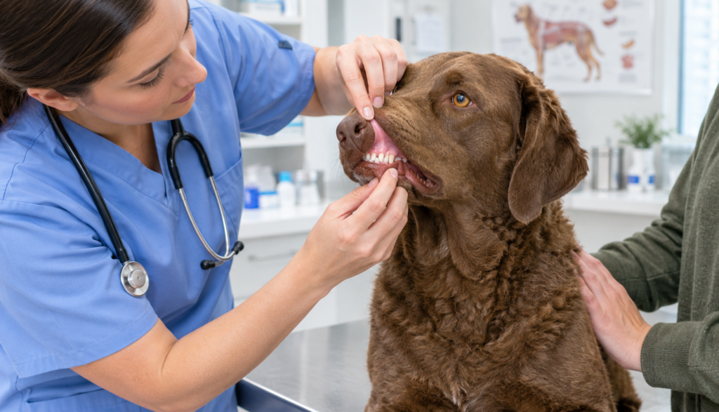 Veterinarian checking gum color on a brown Chesapeake Bay Retriever during an exam