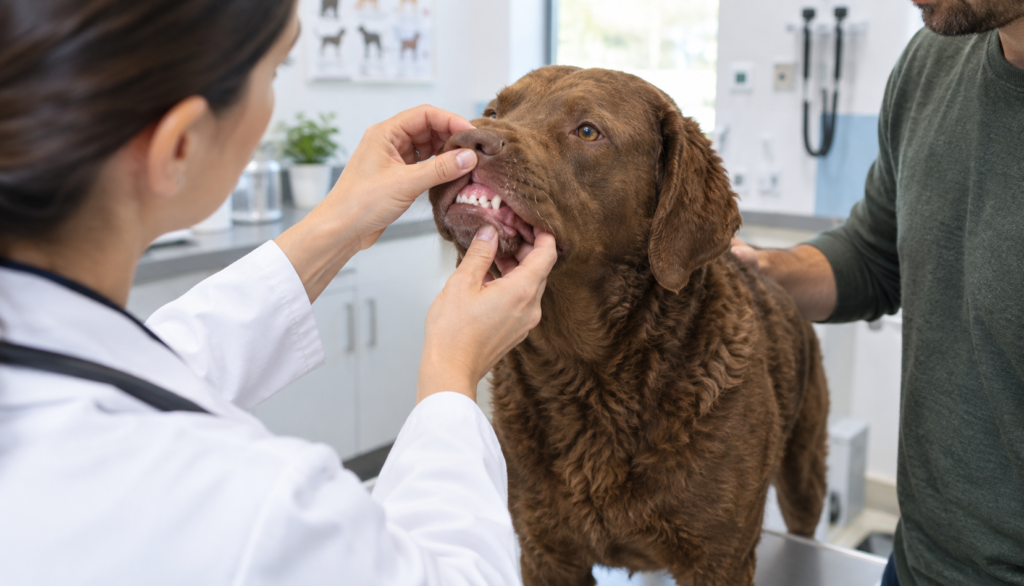 "Vet checking a Chesapeake Bay Retriever's gums for dehydration"