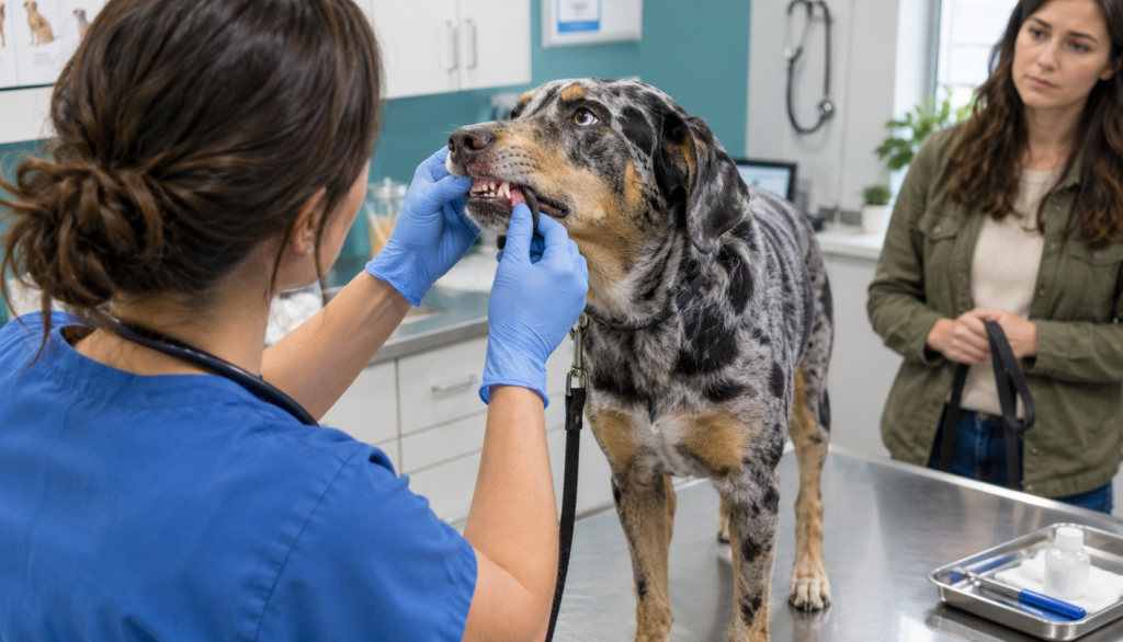 Veterinarian checking gum color of a Catahoula Leopard Dog during an exam