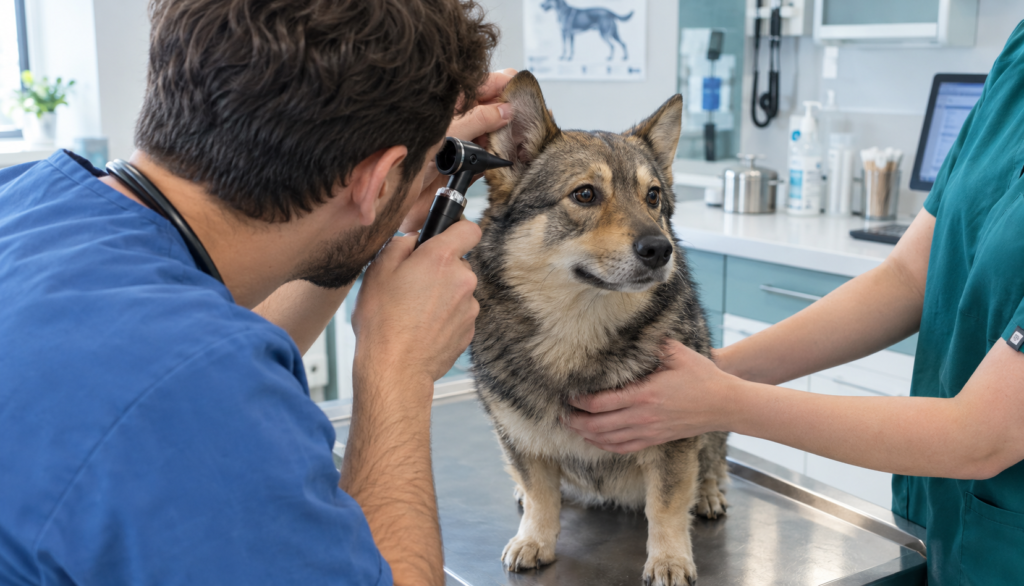 Veterinarian examining a Swedish Vallhund’s ear with an otoscope at a clinic