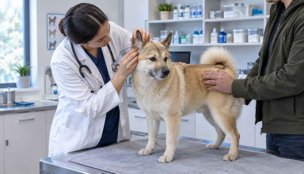 Vet examining a Norwegian Buhund’s ear during a clinic visit