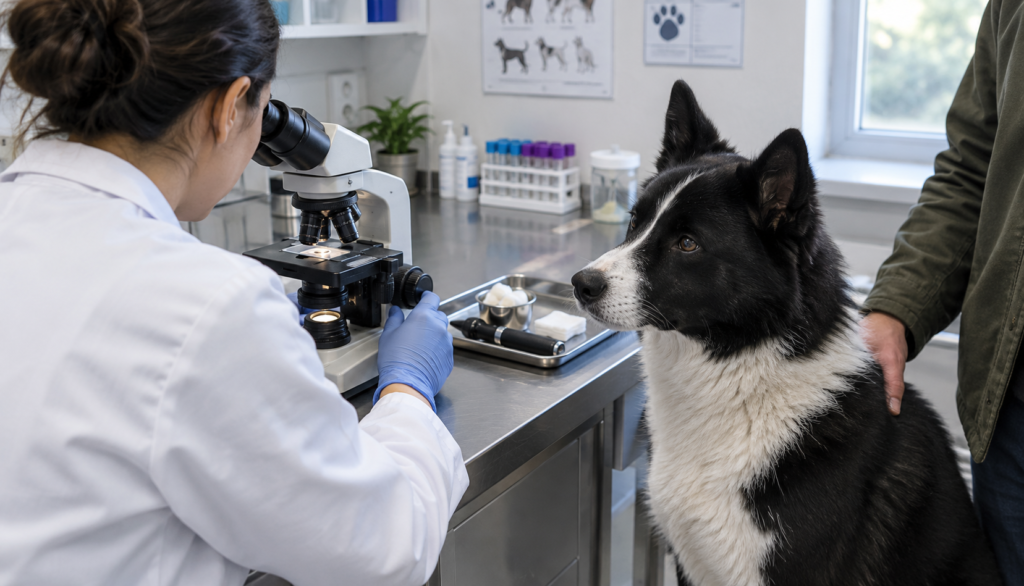 Vet examining an ear sample under a microscope beside a calm Karelian Bear Dog