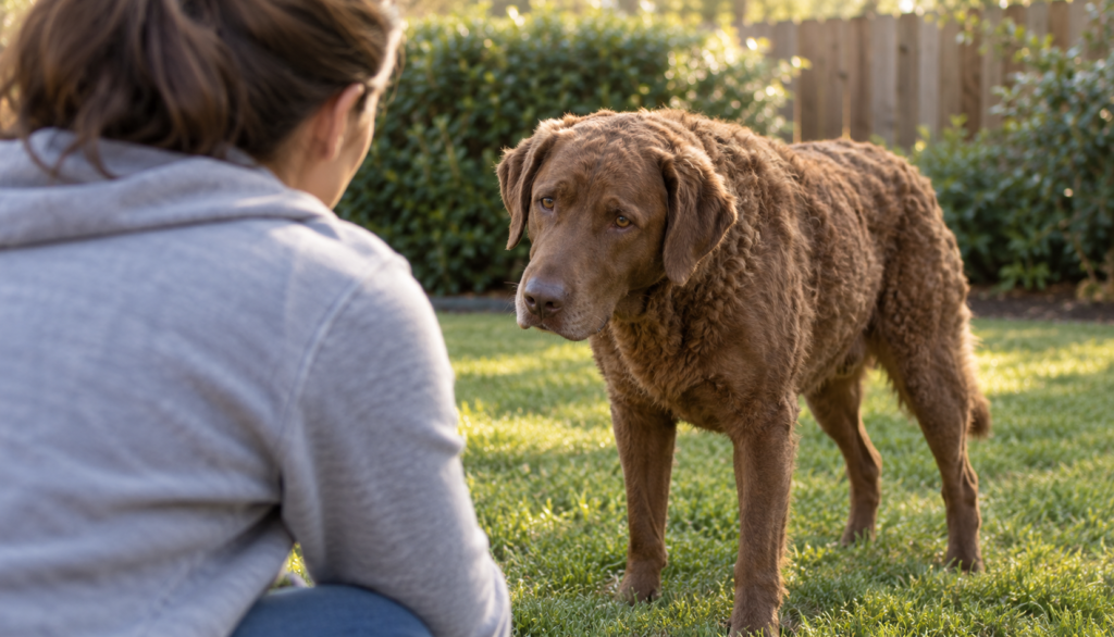 Owner kneeling in a backyard checking on a brown Chesapeake Bay Retriever that looks tired