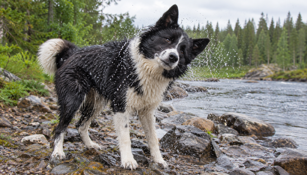 Karelian Bear Dog shaking off river water after swimming