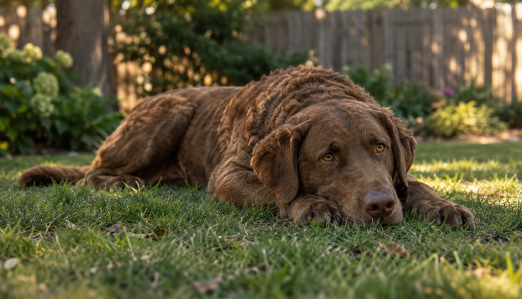 "Tired Chesapeake Bay Retriever resting on a backyard lawn"